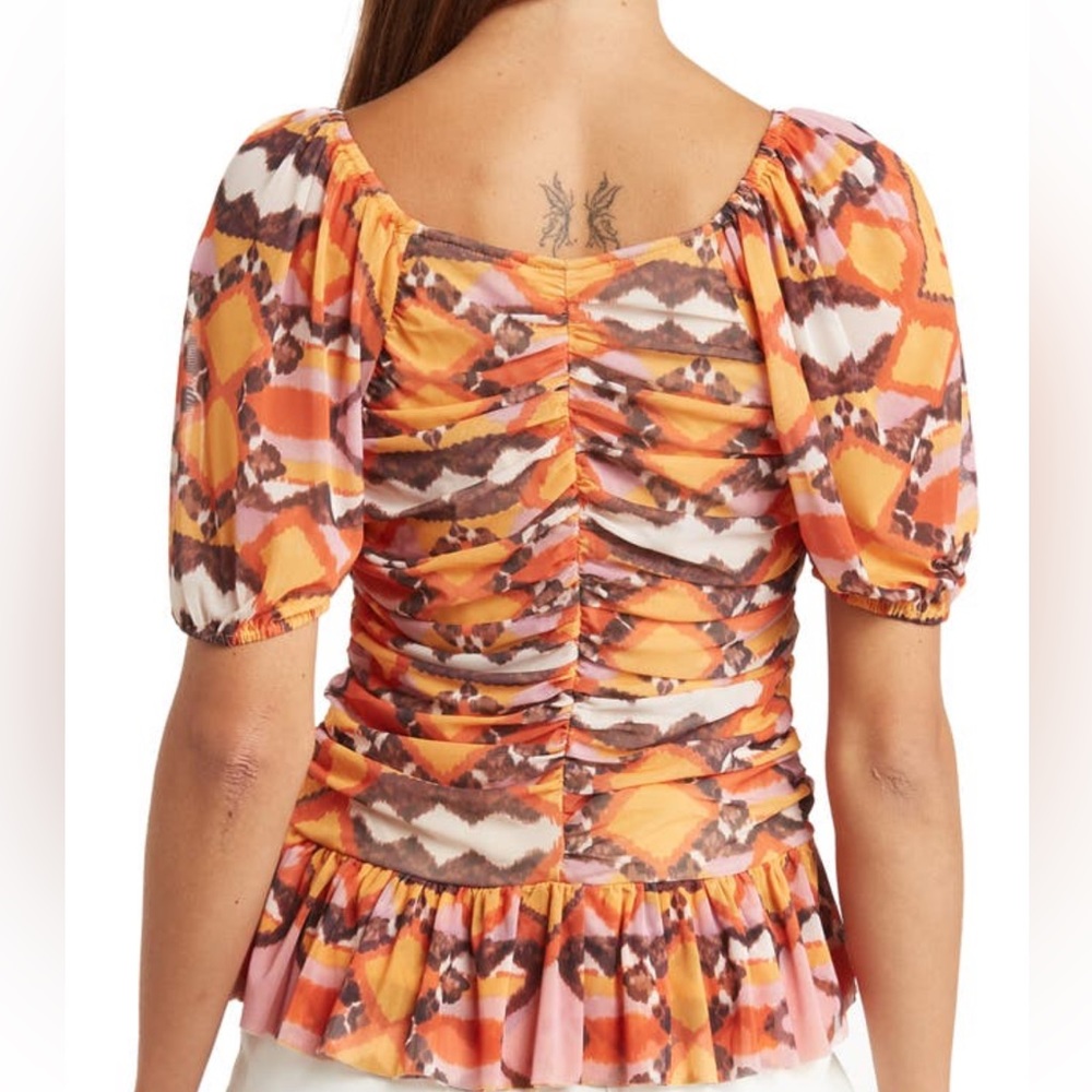 DR2 by Daniel Rainn women’s Puff Sleeve Ruched Mesh Peplum Top - Picture 3 of 11